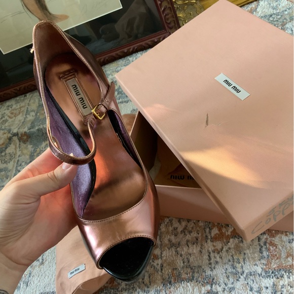 miu miu Capretto Lamina Cammeo metallic rose gold copper open peep toe Mary Jane - Picture 12 of 14